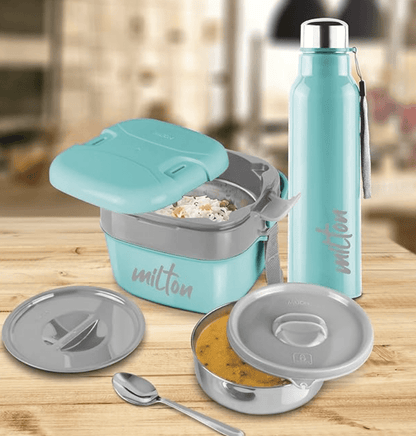 Milton Cube Lunchmate (Steel Fit Insulated Water Bottle, 630 ml & Cubic Big Tiffin, 1.1 Litre)
