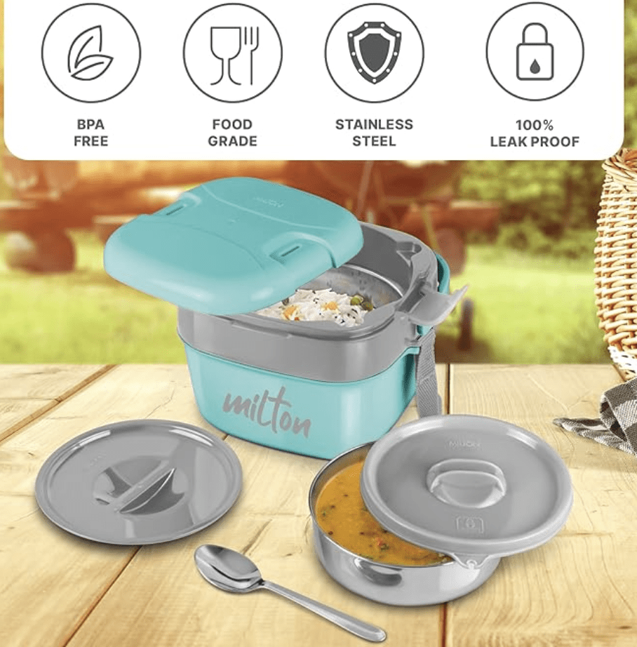 Milton Cube Lunchmate (Steel Fit Insulated Water Bottle, 630 ml & Cubic Big Tiffin, 1.1 Litre)