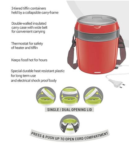 Milton Euroline Futron Tiffin Stainless Steel Tiffin Box Set, 360ml/180mm, Set of 3, Red