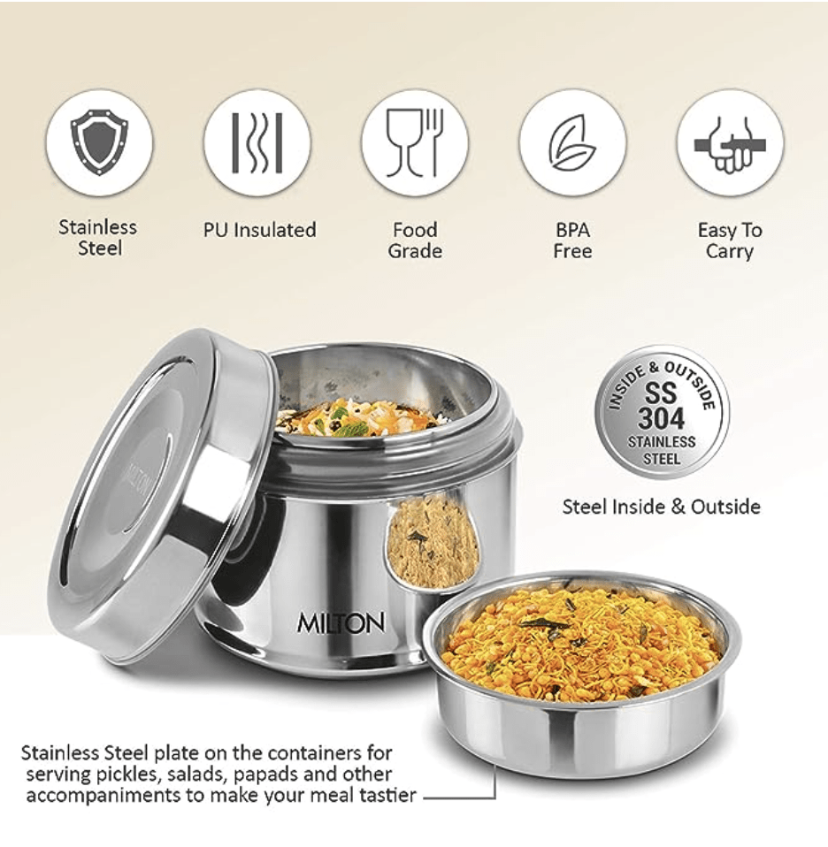 Milton Steel Snack Stainless Steel Tiffin, 800 ml, Steel Plain