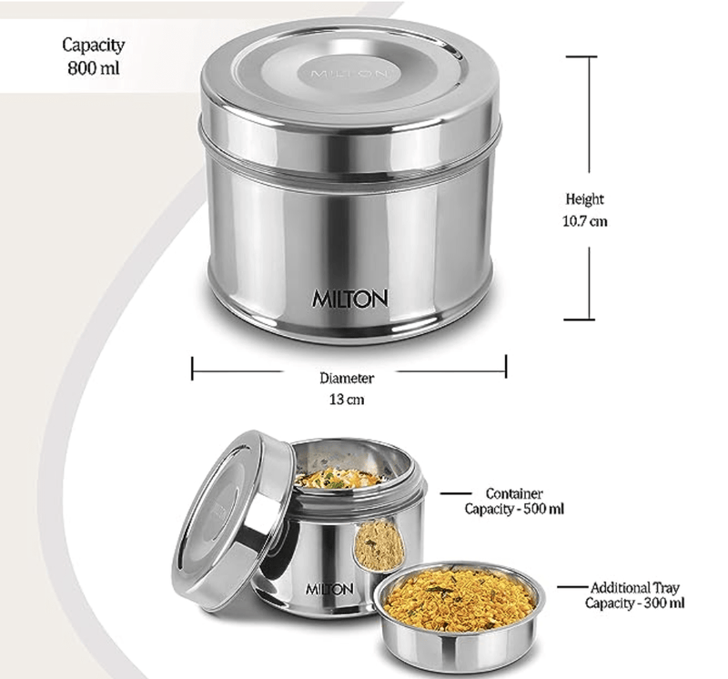 Milton Steel Snack Stainless Steel Tiffin, 800 ml, Steel Plain-2