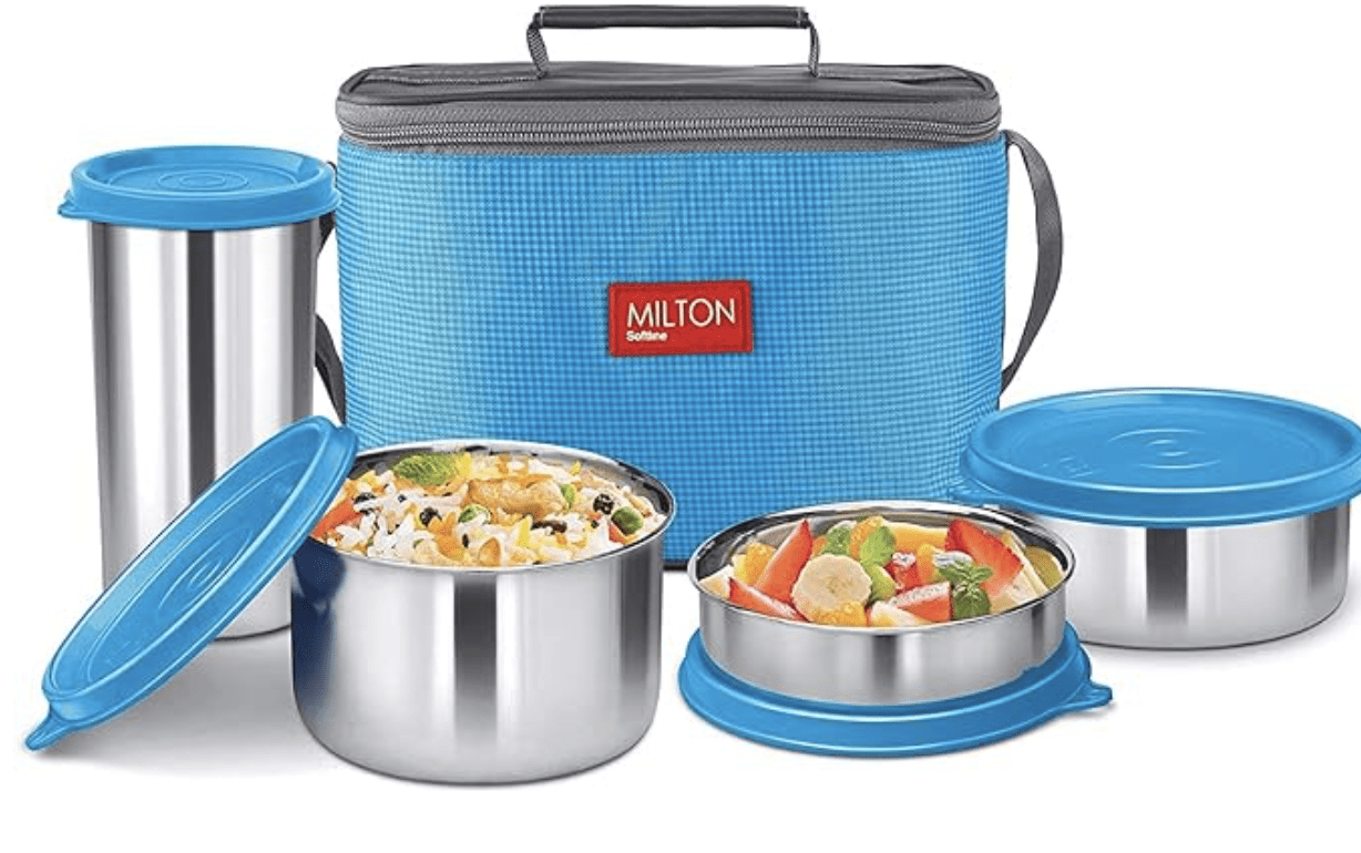 Milton Delicious Combo Stainless Steel Insulated Tiffin, Set of 3 Containers (200 ml, 320 ml, 500 ml) and 1 Tumbler, 380 ml, Blue | Airtight | Dishwasher-Safe | Easy to carry | Leak proof | Insulated | Food Grade | Odour Proof