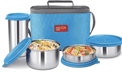 Milton Delicious Combo Stainless Steel Insulated Tiffin, Set of 3 Containers (200 ml, 320 ml, 500 ml) and 1 Tumbler, 380 ml, Blue | Airtight | Dishwasher-Safe | Easy to carry | Leak proof | Insulated | Food Grade | Odour Proof