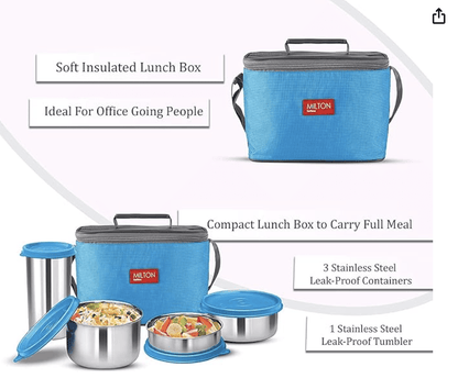 Milton Delicious Combo Stainless Steel Insulated Tiffin, Set of 3 Containers (200 ml, 320 ml, 500 ml) and 1 Tumbler, 380 ml, Blue | Airtight | Dishwasher-Safe | Easy to carry | Leak proof | Insulated | Food Grade | Odour Proof