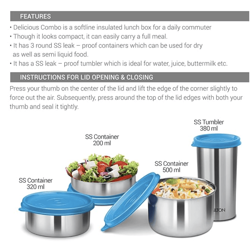 Milton Delicious Combo Stainless Steel Insulated Tiffin, Set of 3 Containers (200 ml, 320 ml, 500 ml) and 1 Tumbler, 380 ml, Blue | Airtight | Dishwasher-Safe | Easy to carry | Leak proof | Insulated | Food Grade | Odour Proof-2