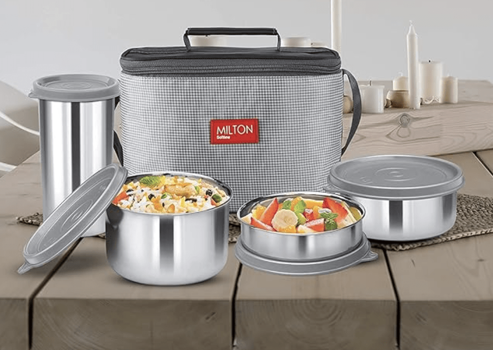 Milton Delicious Combo Stainless Steel Insulated Tiffin, Set of 3 Containers (200 ml, 320 ml, 500 ml) and 1 Tumbler, 380 ml, Grey | Airtight | Dishwasher-Safe | Easy to carry | Leak proof | Insulated | Food Grade | Odour Proof