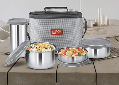 Milton Delicious Combo Stainless Steel Insulated Tiffin, Set of 3 Containers (200 ml, 320 ml, 500 ml) and 1 Tumbler, 380 ml, Grey | Airtight | Dishwasher-Safe | Easy to carry | Leak proof | Insulated | Food Grade | Odour Proof