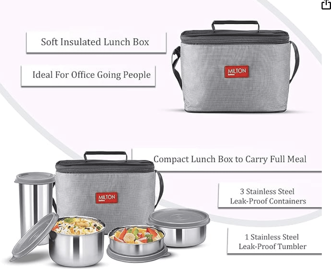 Milton Delicious Combo Stainless Steel Insulated Tiffin, Set of 3 Containers (200 ml, 320 ml, 500 ml) and 1 Tumbler, 380 ml, Grey | Airtight | Dishwasher-Safe | Easy to carry | Leak proof | Insulated | Food Grade | Odour Proof