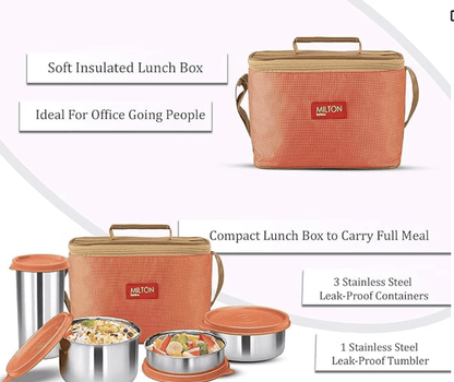 Milton Delicious Combo Stainless Steel Insulated Tiffin, Set of 3 Containers (200 ml, 320 ml, 500 ml) and 1 Tumbler, 380 ml, Orange | Airtight | Dishwasher-Safe | Easy to carry | Leak proof | Insulated | Food Grade | Odour Proof