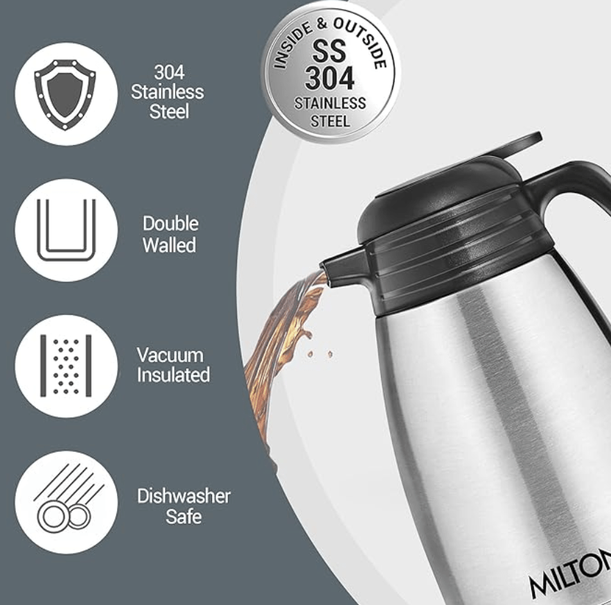Milton Classic 2000 Thermosteel 24 Hours Hot or Cold Carafe, 2000 ml, Silver | Double Walled | Rust Proof | Food Grade | Easy to Carry | Tea, Coffee, Juice