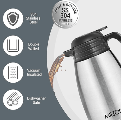 Milton Classic 2000 Thermosteel 24 Hours Hot or Cold Carafe, 2000 ml, Silver | Double Walled | Rust Proof | Food Grade | Easy to Carry | Tea, Coffee, Juice