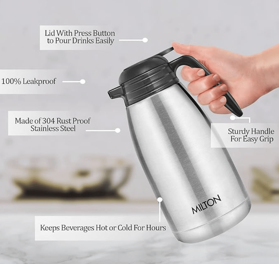 Milton Classic 2000 Thermosteel 24 Hours Hot or Cold Carafe, 2000 ml, Silver | Double Walled | Rust Proof | Food Grade | Easy to Carry | Tea, Coffee, Juice