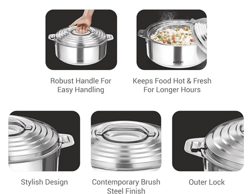 MILTON Galaxia 3500 Double Walled Stainless Steel Casserole, 3.33 litres, Silver | PU Insulated | Hot & Cold | Hygiene | Odourless-2
