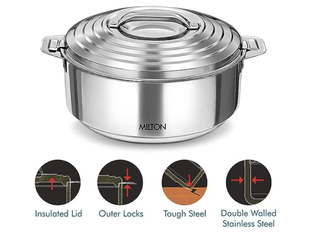 MILTON Galaxia 1500 Double Walled Stainless Steel Casserole, 2.09 litres, Silver | PU Insulated | Hot & Cold | Hygiene | Odourless