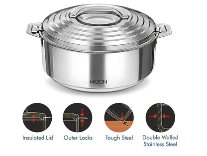 MILTON Galaxia 1500 Double Walled Stainless Steel Casserole, 2.09 litres, Silver | PU Insulated | Hot & Cold | Hygiene | Odourless