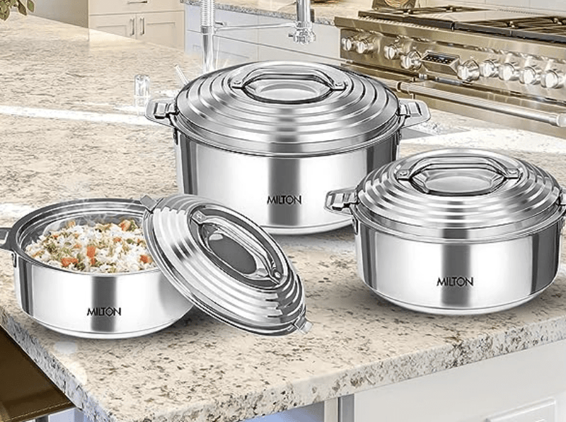 MILTON Galaxia Double Walled Stainless Steel Casserole, Set of 3, (1.2 Litre, 2.09 Litre, 2.45 Litre), Silver | PU Insulated | Double Walled | Hot and Cold-1