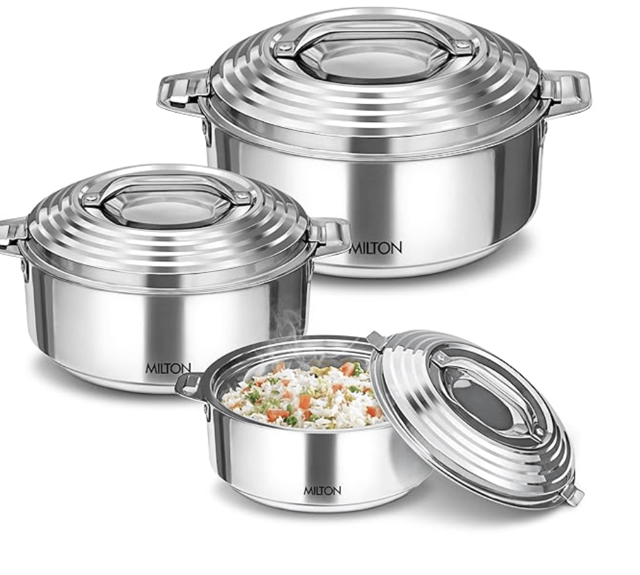 மில்டன் கேலக்ஸியா இரட்டை சுவர் ஸ்டெயின்லெஸ் ஸ்டீல் கேசரோல், 3 தொகுப்பு, (1.2 லிட்டர், 2.09 லிட்டர், 2.45 லிட்டர்), வெள்ளி | PU இன்சுலேட்டட் | இரட்டை சுவர் | சூடான மற்றும் குளிர் 