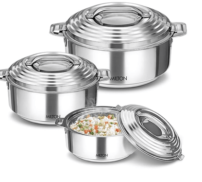 மில்டன் கேலக்ஸியா இரட்டை சுவர் ஸ்டெயின்லெஸ் ஸ்டீல் கேசரோல், 3 தொகுப்பு, (1.2 லிட்டர், 2.09 லிட்டர், 2.45 லிட்டர்), வெள்ளி | PU இன்சுலேட்டட் | இரட்டை சுவர் | சூடான மற்றும் குளிர் 