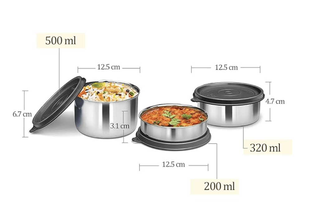 Milton Tasty 4 Stainless Steel Lunch Box with 4 Containers, (1 - 200 ml, 2 - 320 ml Each, 1 - 500 ml), Blue | Leak proof | Easy to carry | Stainless Steel | Odour Proof | Food Grade | Light Weight | Easy to Clean-4