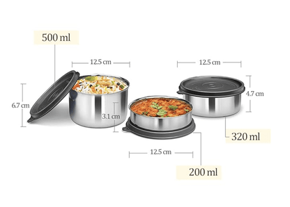 Milton Tasty 4 Stainless Steel Lunch Box with 4 Containers, (1 - 200 ml, 2 - 320 ml Each, 1 - 500 ml), Blue | Leak proof | Easy to carry | Stainless Steel | Odour Proof | Food Grade | Light Weight | Easy to Clean