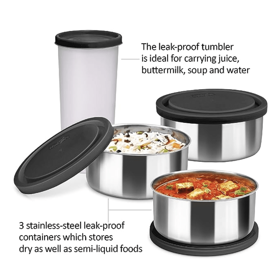 MILTON New Steel Combi Lunch Box, 3 Containers and 1 Tumbler with Jacket, Set of 4, Black | Food Grade | Light Weight | Dishwasher Safe | Easy to Carry | Leak Proof
