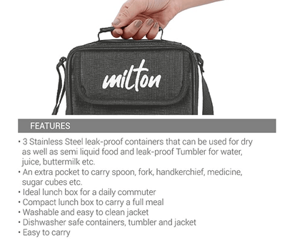 MILTON New Steel Combi Lunch Box, 3 Containers and 1 Tumbler with Jacket, Set of 4, Black | Food Grade | Light Weight | Dishwasher Safe | Easy to Carry | Leak Proof