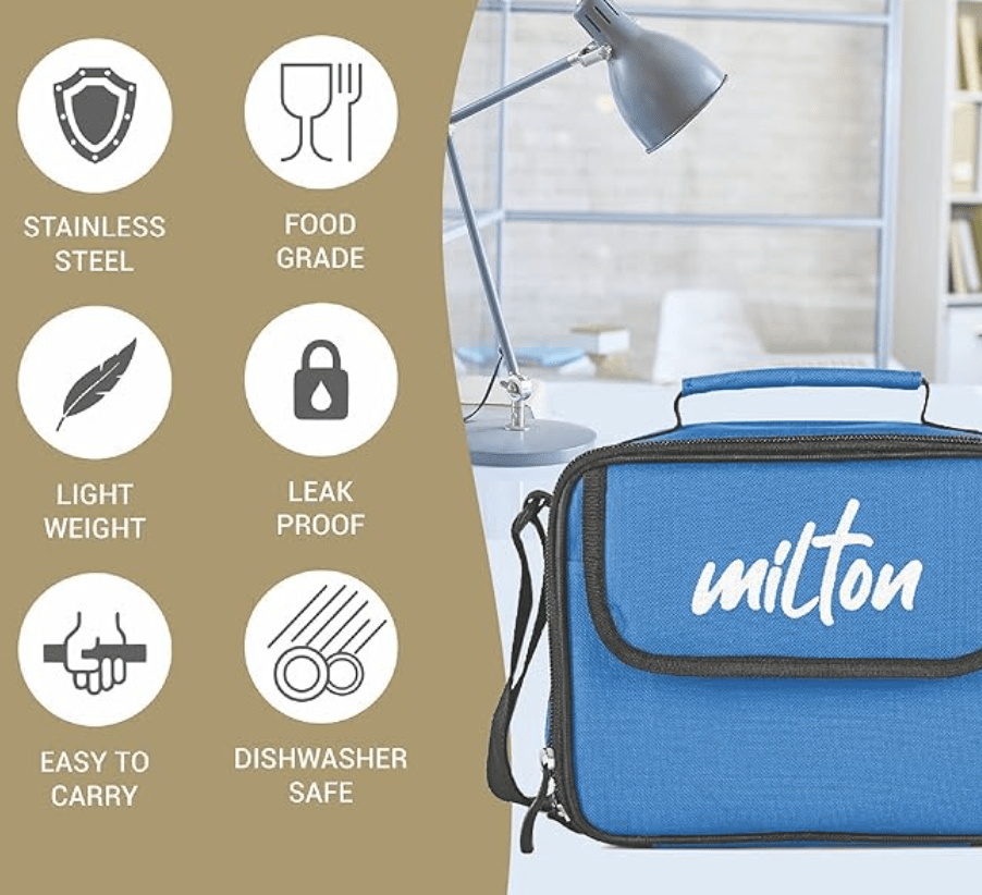 MILTON New Steel Combi Lunch Box, 3 Containers and 1 Tumbler with Jacket, Set of 4, Black | Food Grade | Light Weight | Dishwasher Safe | Easy to Carry | Leak Proof