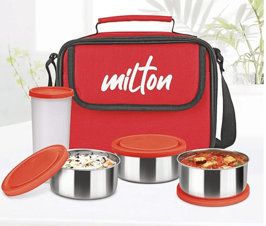 MILTON New Steel Combi Lunch Box, 3 Containers and 1 Tumbler with Jacket, Set of 4, Black | Food Grade | Light Weight | Dishwasher Safe | Easy to Carry | Leak Proof