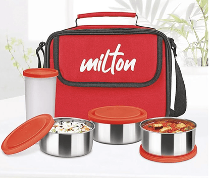 MILTON New Steel Combi Lunch Box, 3 Containers and 1 Tumbler with Jacket, Set of 4, Black | Food Grade | Light Weight | Dishwasher Safe | Easy to Carry | Leak Proof