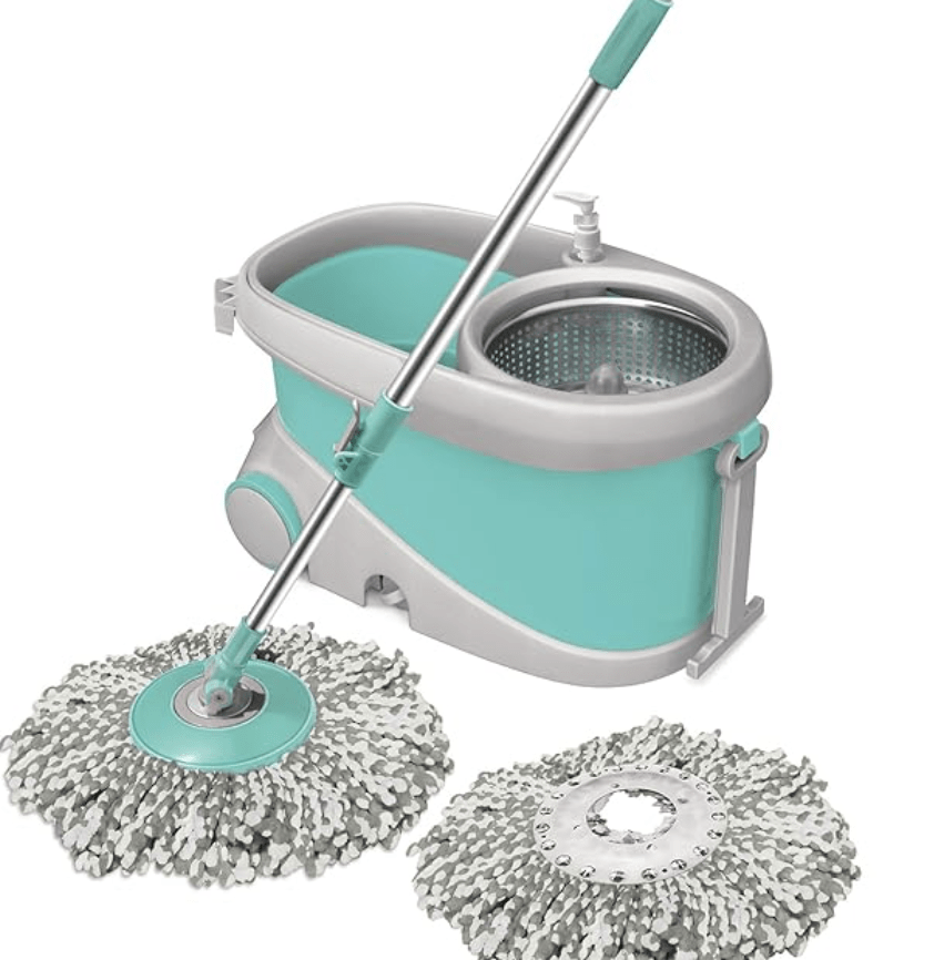 Spotzero by Milton Prime Spin Mop with Big Wheels and Stainless Steel Wringer, Bucket Floor Cleaning and Mopping System, 2 Microfiber Refills, Aqua Green