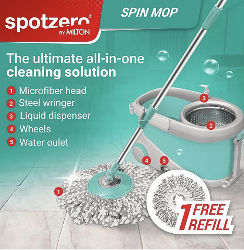 Spotzero by Milton Prime Spin Mop with Big Wheels and Stainless Steel Wringer, Bucket Floor Cleaning and Mopping System, 2 Microfiber Refills, Aqua Green