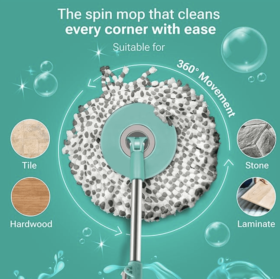 Spotzero by Milton Prime Spin Mop with Big Wheels and Stainless Steel Wringer, Bucket Floor Cleaning and Mopping System, 2 Microfiber Refills, Aqua Green