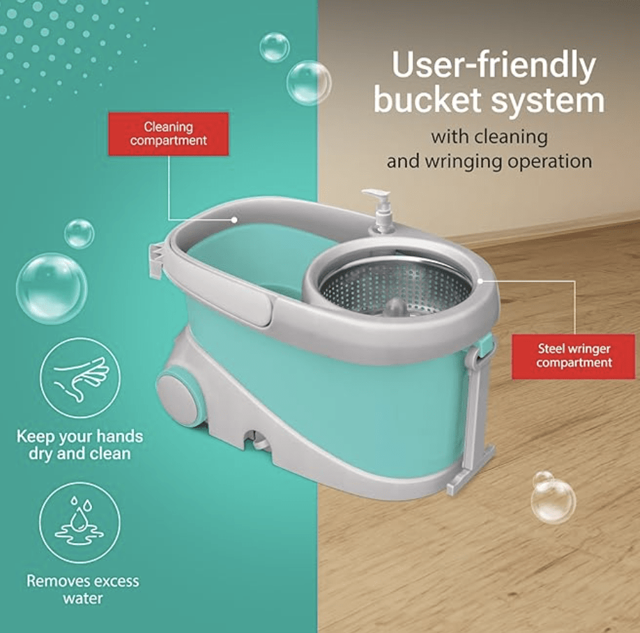 Spotzero by Milton Prime Spin Mop with Big Wheels and Stainless Steel Wringer, Bucket Floor Cleaning and Mopping System, 2 Microfiber Refills, Aqua Green