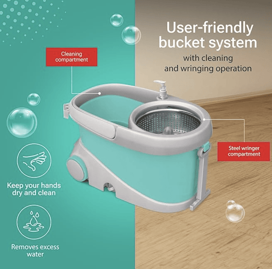 Spotzero by Milton Prime Spin Mop with Big Wheels and Stainless Steel Wringer, Bucket Floor Cleaning and Mopping System, 2 Microfiber Refills, Aqua Green