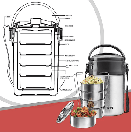 Milton Steel On 5 Tier Insulated Tiffin Box, 360 ml, Silver