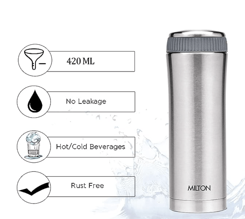 Milton Optima 420 Thermosteel Hot and Cold Flask, 420 ml, Silver | Vacuum Insulated | Rust Proof | Leak Proof | Tea | Coffee | Juice