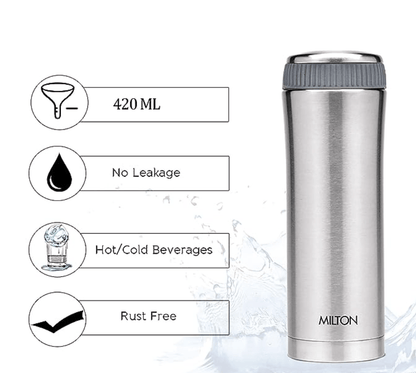 Milton Optima 420 Thermosteel Hot and Cold Flask, 420 ml, Silver | Vacuum Insulated | Rust Proof | Leak Proof | Tea | Coffee | Juice