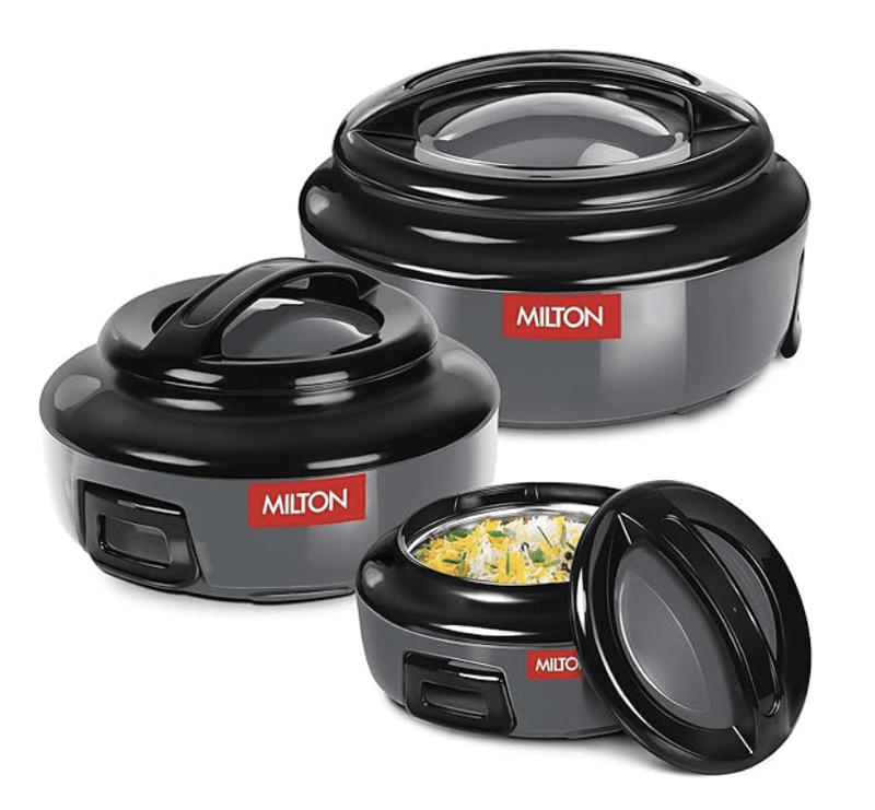 MILTON Ernesto Inner Stainless Steel Jr. Casserole Set of 3 (420 ml, 850 ml, 1.43 litres) | Easy to Carry | Serving | Stackable-4