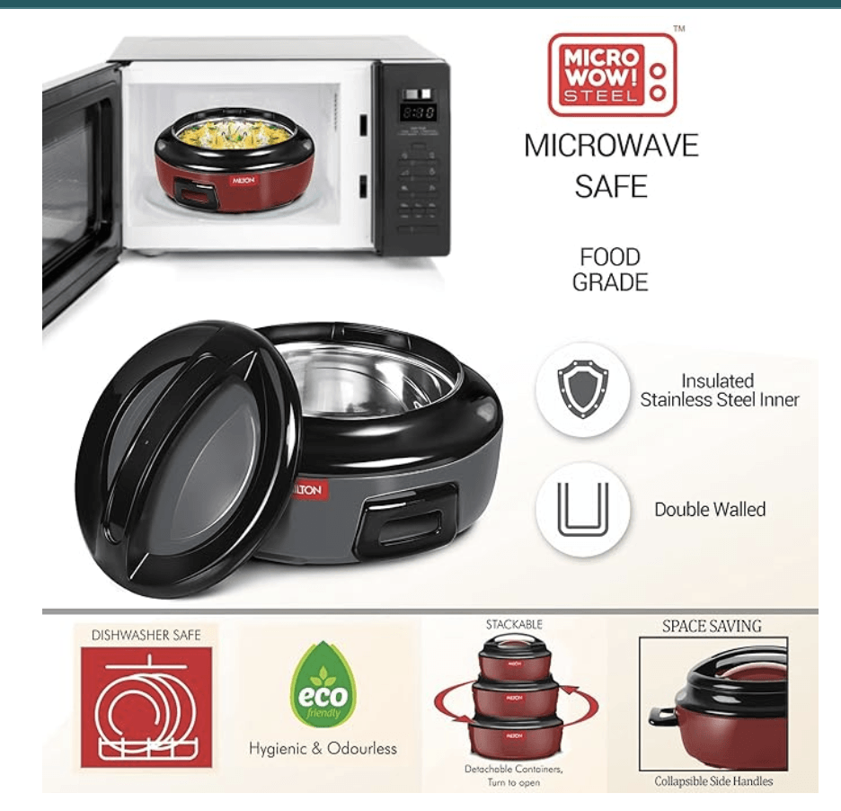 MILTON Ernesto Inner Stainless Steel Jr. Casserole Set of 3 (420 ml, 850 ml, 1.43 litres) | Easy to Carry | Serving | Stackable