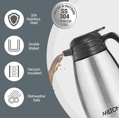 Milton Classic 1000 Thermosteel 24 Hours Hot or Cold Carafe, 1000 ml, Silver | Double Walled | Rust Proof | Food Grade | Easy to Carry | Tea, Coffee, Juice