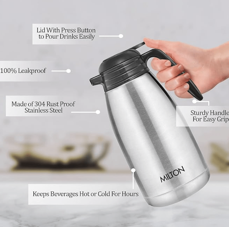 Milton Classic 2000 Thermosteel 24 Hours Hot or Cold Carafe, 2000 ml, Silver | Double Walled | Rust Proof | Food Grade | Easy to Carry | Tea, Coffee, Juice