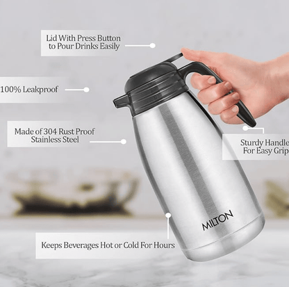 Milton Classic 2000 Thermosteel 24 Hours Hot or Cold Carafe, 2000 ml, Silver | Double Walled | Rust Proof | Food Grade | Easy to Carry | Tea, Coffee, Juice