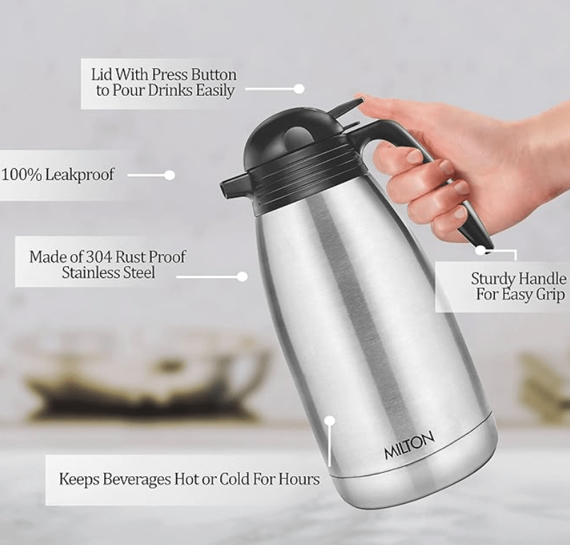 Milton Classic 1500 Thermosteel 24 Hours Hot or Cold Carafe, 1500 ml, Silver | Double Walled | Rust Proof | Food Grade | Easy to Carry | Tea, Coffee, Juice