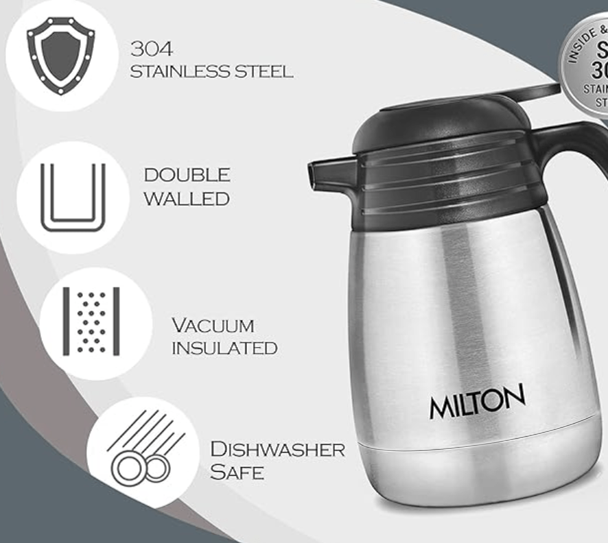 Milton Thermosteel Carafe 24 Hours Hot and Cold, 600 ml, Silver | Rust Proof | Double Walled | Easy to Carry | Food Grade | Tea | Coffee | Juice