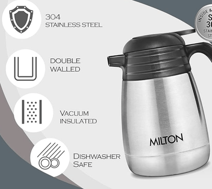 Milton Thermosteel Carafe 24 Hours Hot and Cold, 600 ml, Silver | Rust Proof | Double Walled | Easy to Carry | Food Grade | Tea | Coffee | Juice