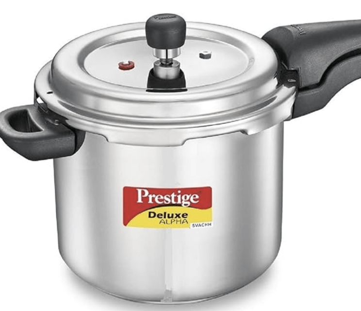 Prestige 5.5 Litres Svachh Deluxe Alpha Induction Base Outer Lid Stainless Steel Pressure Cooker | Deep lid controls spillage |Silver | Anti-Bulge Base | Sturdy Handles | Pressure Indicator