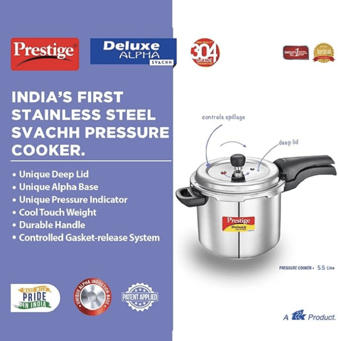 Prestige 5.5 Litres Svachh Deluxe Alpha Induction Base Outer Lid Stainless Steel Pressure Cooker | Deep lid controls spillage |Silver | Anti-Bulge Base | Sturdy Handles | Pressure Indicator