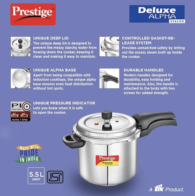 Prestige 5.5 Litres Svachh Deluxe Alpha Induction Base Outer Lid Stainless Steel Pressure Cooker | Deep lid controls spillage |Silver | Anti-Bulge Base | Sturdy Handles | Pressure Indicator-3