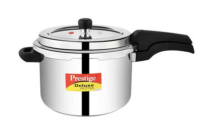 Prestige 6.5 Litres Deluxe Alpha Svachh Induction Base Outer Lid Stainless Steel Pressure Cooker | Deep lid controls spillage| Silver | Pressure Indicator | Gasket-Release System | Anti-Bulge Base