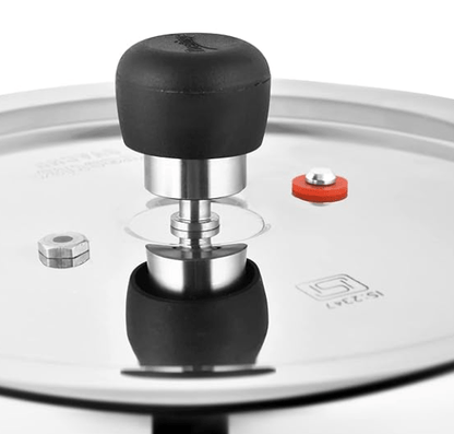 Prestige 6.5 Litres Deluxe Alpha Svachh Induction Base Outer Lid Stainless Steel Pressure Cooker | Deep lid controls spillage| Silver | Pressure Indicator | Gasket-Release System | Anti-Bulge Base